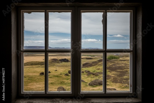 Stunning Iceland landscape viewed through a window. Generative AI