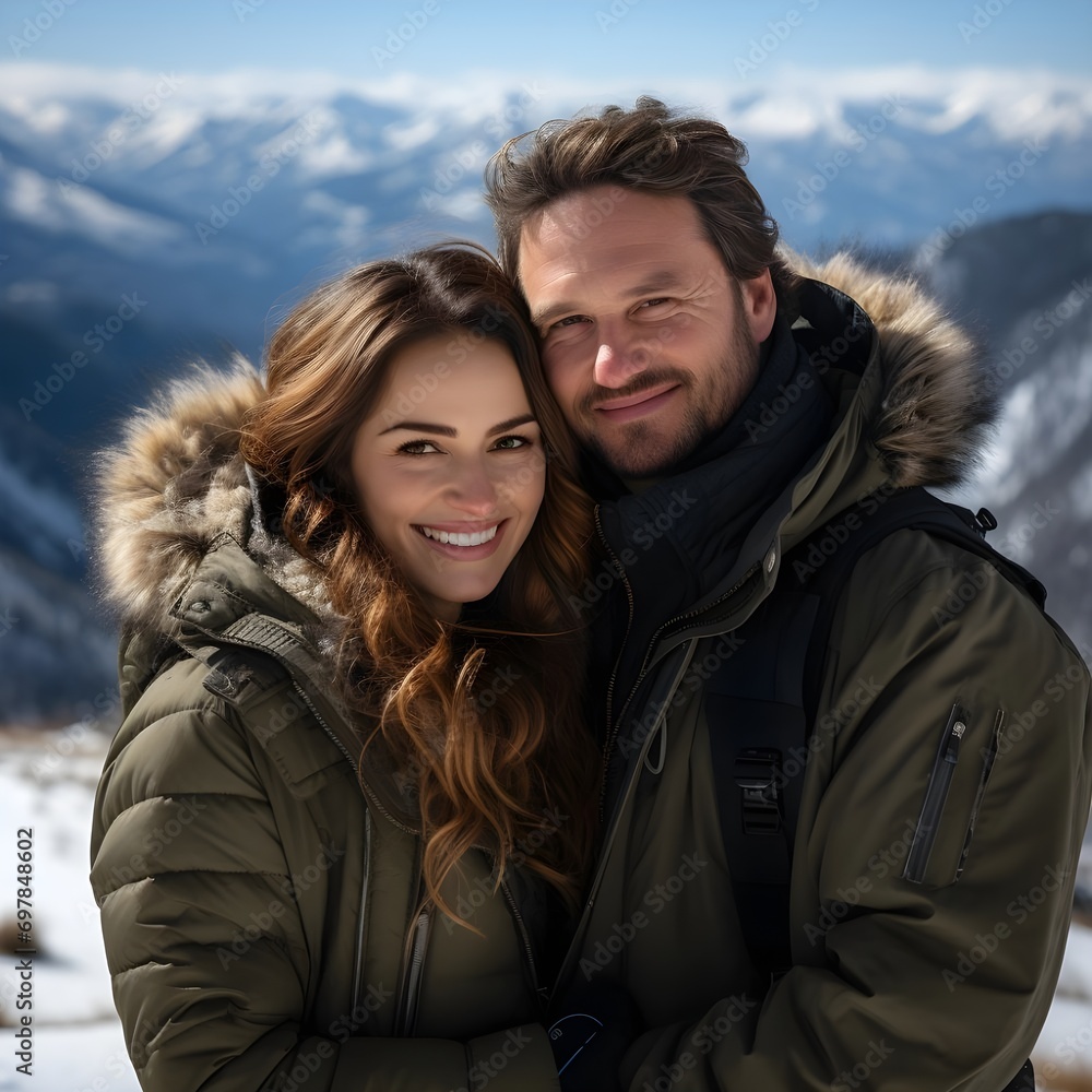 Retrato de pareja atractiva de jóvenes hombre y mujer con vestimenta de invierno elegante, millonarios, adinerados, con montaña nevada de fondo. Generado con tecnología IA Retrato de pareja atractiva de jóvenes hombre y mujer con vestimenta de invierno elegante, millonarios, adinerados, con montaña nevada de fondo. Generado con tecnología IA