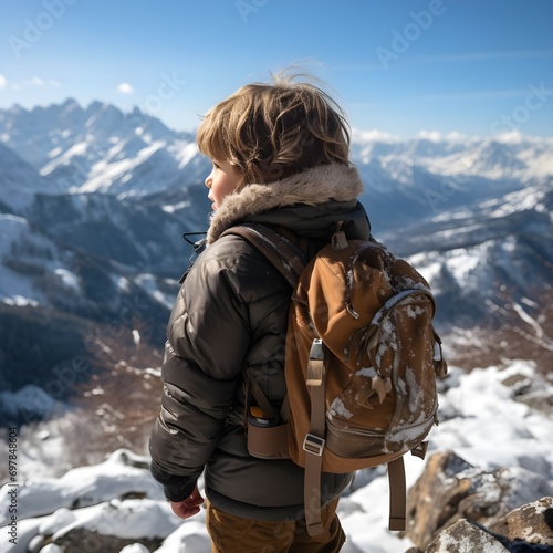 Niño en la cúspide de una montaña mirando el paisaje nevado en invierno Fototapeta
