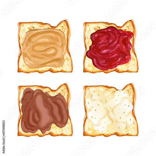Hand drawn vector illustration of slices toasts with strawberry jam, peanut butter, cream cheese and chocolate