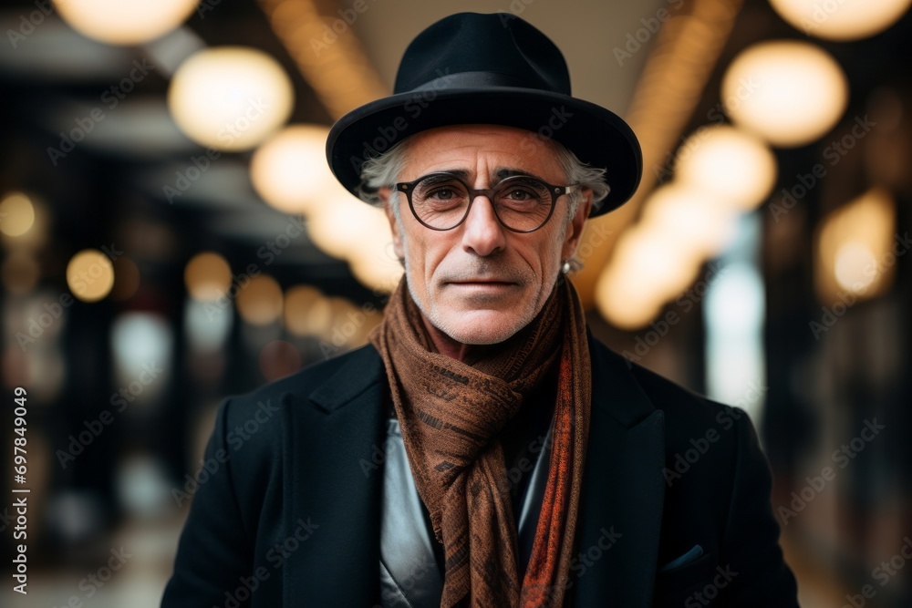 Portrait of an elegant senior man wearing a hat and scarf. Portrait of an elegant senior man wearing a hat and scarf.