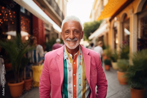 Portrait of a smiling senior man in a pink jacket on the street