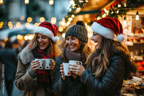 Warm mugs and cheers, festive market stroll, Santa hats bobbing in unison.