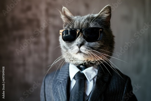 Sophisticated feline, cat in suit and tie, sporting sunglasses, urban chic. © Lucija
