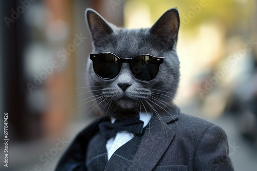 Sophisticated cat, suit and tie, stylish shades, urban sophistication. photo
