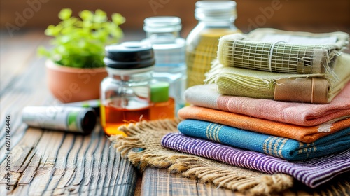 A neat arrangement of towels and bottles placed on a wooden table.