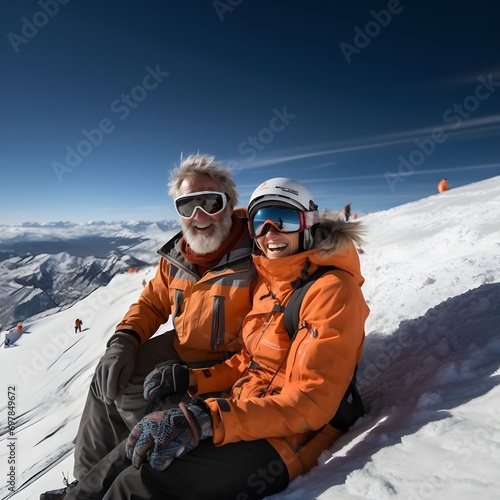 Retrato de pareja atractiva de adultos mayores disfrutando la nieve hombre y mujer con vestimenta de invierno elegante, millonarios, adinerados, con montaña nevada de fondo. Generado con tecnología IA photo