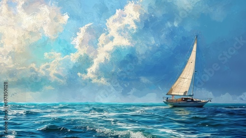a watercolor painting of a sailing boat on the sea horizon. beautiful blue sky. wallpaper background 16:9