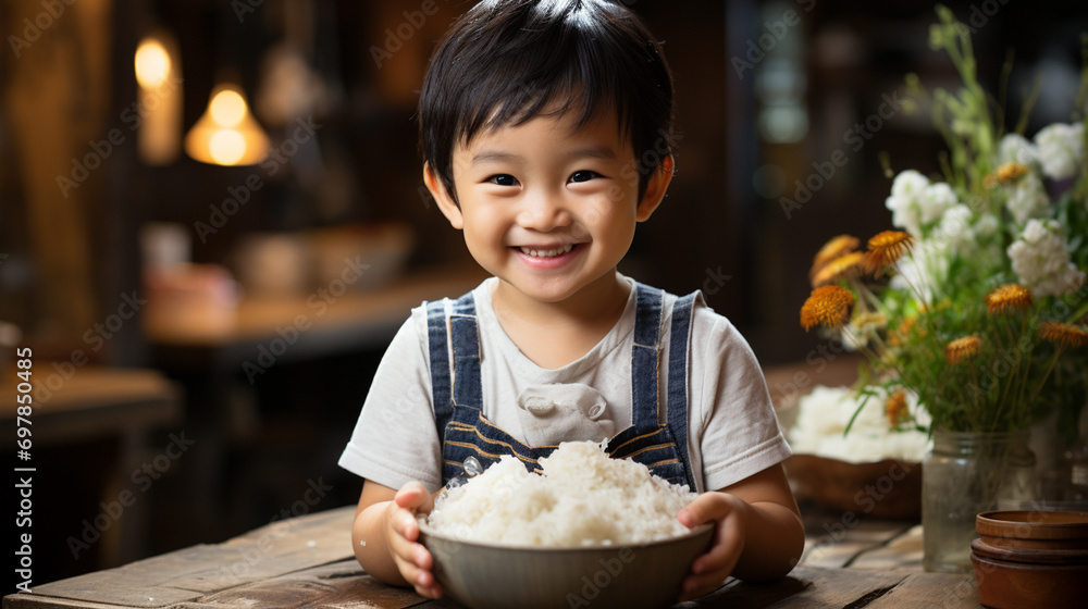 Asian Little cute child with rice in hand Asian Little cute child with rice in hand