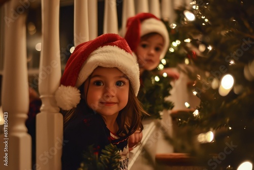 Eager steps, Santa hats bobbing rhythmically, friends exploring every nook of Christmas cheer. photo