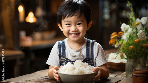 Asian Little cute child with rice in hand