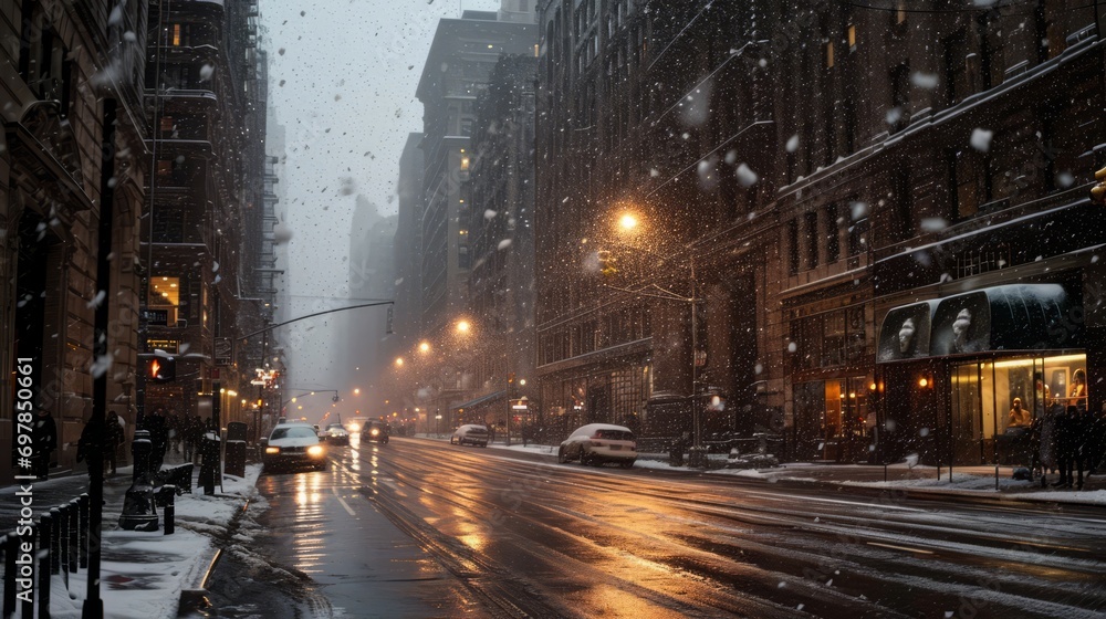 cold snowy winter in new york city usa, beautiful cozy christmas view atmosphere. foggy evening with light lanterns. traffic road with cars. wallpaper background 16:9