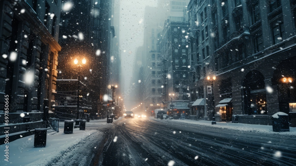 cold snowy winter in new york city usa, beautiful cozy christmas view atmosphere. foggy evening with light lanterns. traffic road with cars. wallpaper background 16:9 cold snowy winter in new york city usa, beautiful cozy christmas view atmosphere. foggy evening with light lanterns. traffic road with cars. wallpaper background 16:9