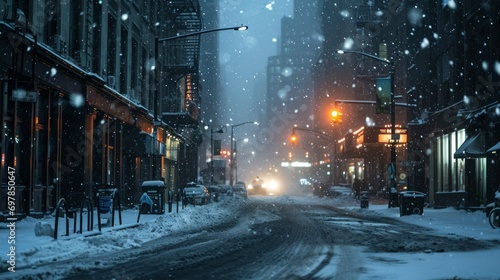 cold snowy winter in new york city usa, beautiful cozy christmas view atmosphere. foggy evening with light lanterns. traffic road with cars. wallpaper background 16:9