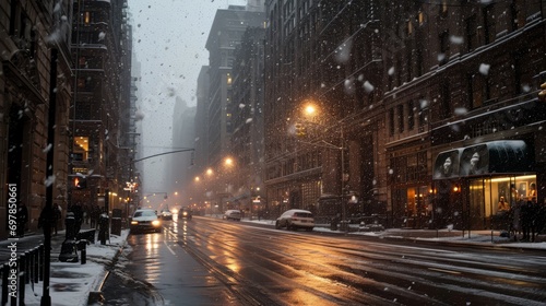 cold snowy winter in new york city usa, beautiful cozy christmas view atmosphere. foggy evening with light lanterns. traffic road with cars. wallpaper background 16:9 © Marina
