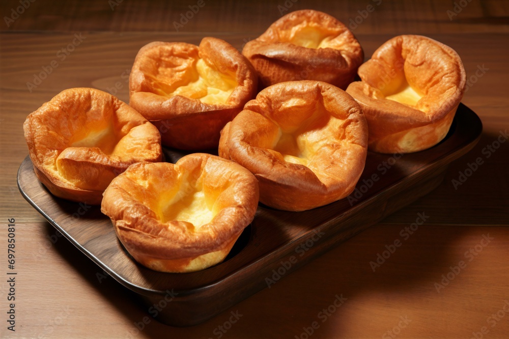 Freshly Baked Yorkshire Pudding on Wooden Table, Generative AI Freshly Baked Yorkshire Pudding on Wooden Table, Generative AI