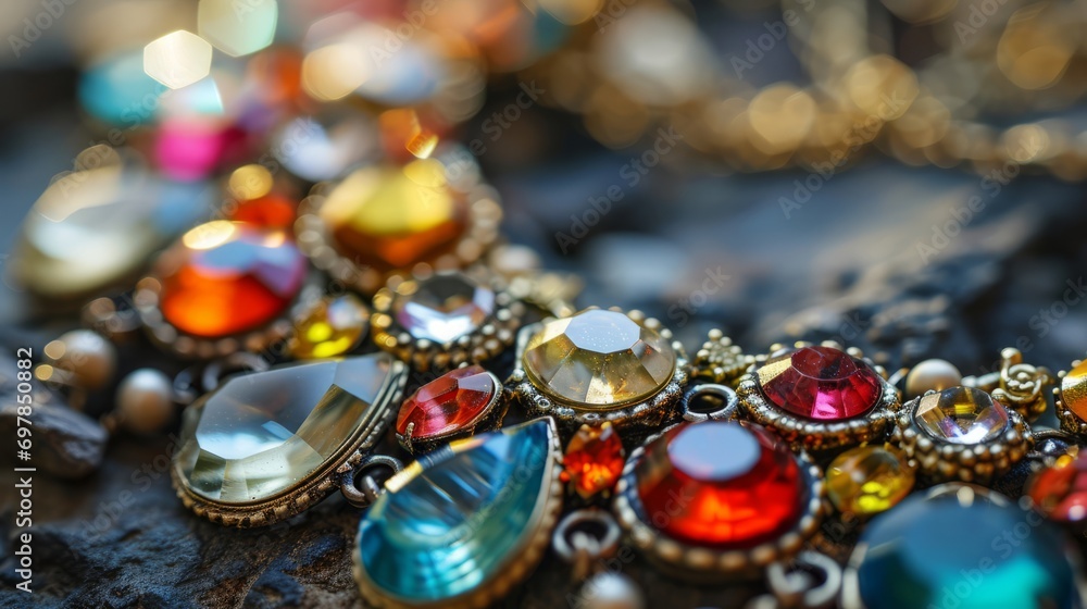 close up of a necklace full of colorful jewels and gemstones. wallpaper background 16:9. Generative AI close up of a necklace full of colorful jewels and gemstones. wallpaper background 16:9. Generative AI