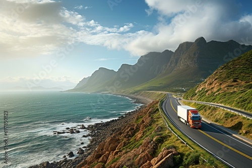 Logistic truck drives coastal route with mountains in backdrop. Generative AI photo