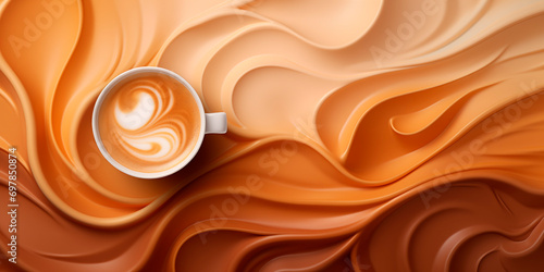 Coffee 3D background, a cup of coffee with latte art on a background of volumetric waves in brown tones