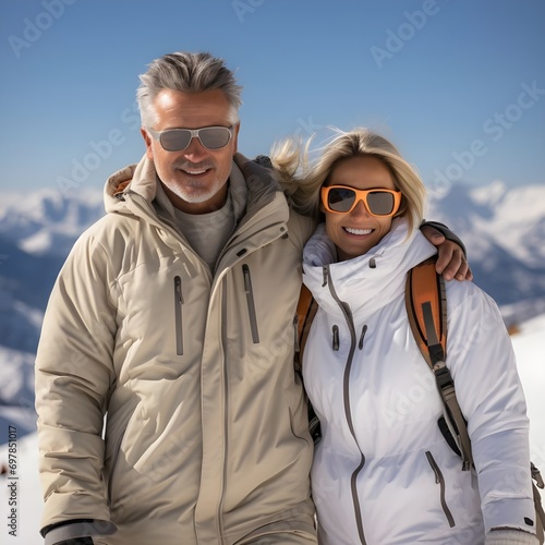 Retrato de pareja atractiva de adultos mayores disfrutando la nieve hombre y mujer con vestimenta de invierno elegante, millonarios, adinerados, con montaña nevada de fondo. Generado con tecnología IA