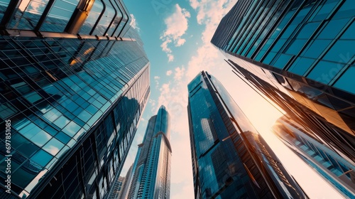 wallpaper background from bottom up perspective of modern office building skyscrapers in a modern city financial district. 16:9. Generative AI