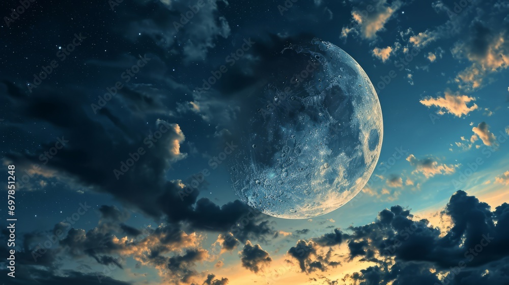 dark blue sky in the evening clouds. giant beautiful moon. wallpaper background 16:9. generative ai