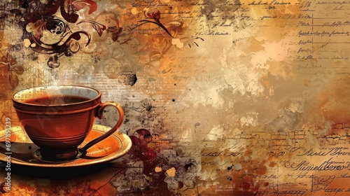 a cup of coffee on vintage grunge background wallpaper. lot of free blank copy space for own text or ad. Generative AI