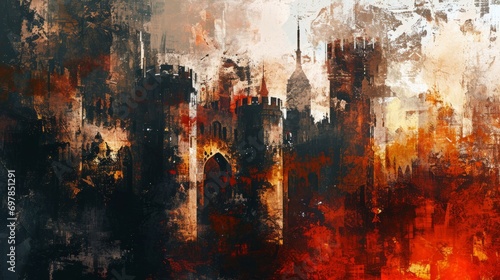 a painting of a dark fantasy magic evil castle cathedral building scary. wallpaper background © Marina