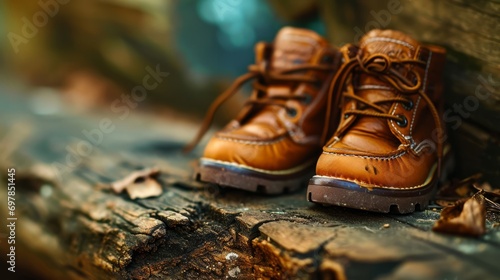 old brown vintage boots on the wooden ground. closeup wallpaper background