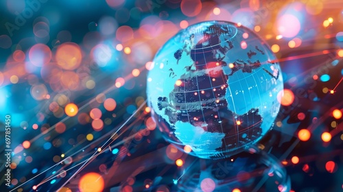 abstract holographic world globe with many connection points symbolizing social media and life for business wallpaper background. Generative AI