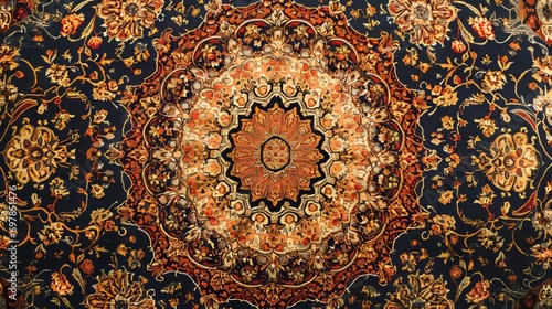 a vintage texture pattern persian iranian carpet on a floor. wallpaper background. Generative AI