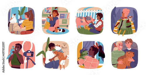 Set of People with pets. Happy men, women and children taking care of their cat, dog, parrot, guinea pig and capybara. Animal Owners. Cartoon flat vector collection isolated on white background