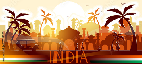 India skyline. Beautiful cityscape of Indian city with famous architecture, palm trees and flag. Urban landscape or panorama with landmarks. Travel and tourism. Cartoon flat vector illustration
