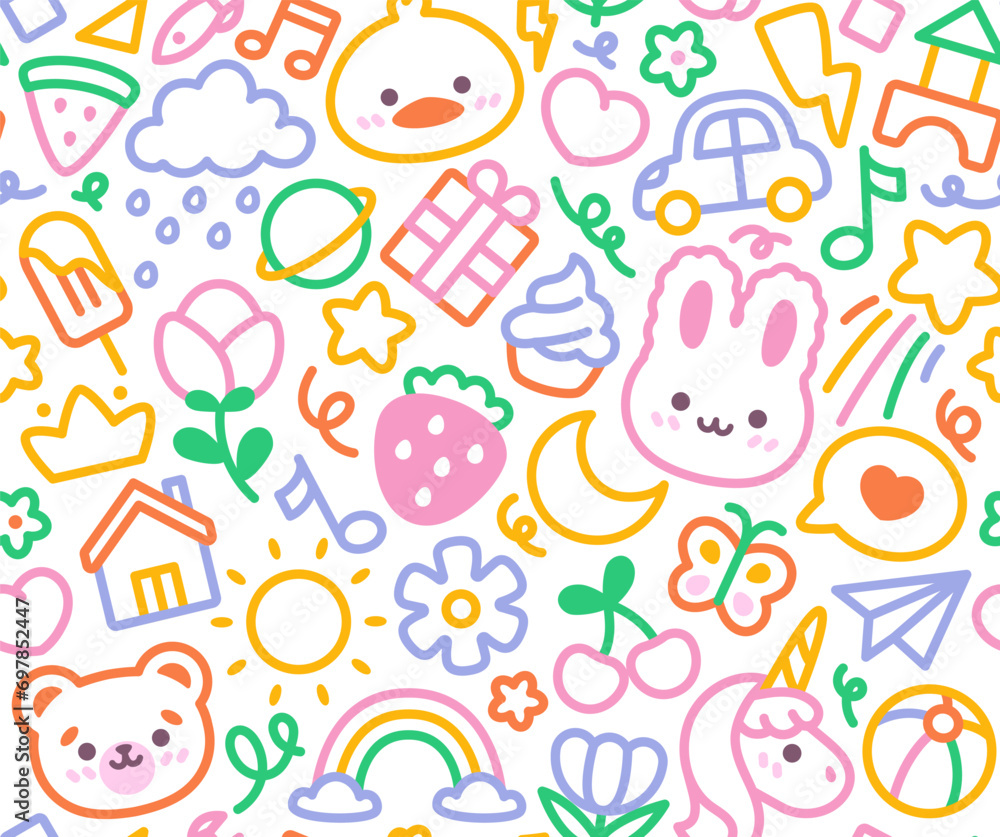 Funny childrens seamless pattern. Repeating doodle or scribble template with cute kid drawings. Design element for textile or wallpaper. Cartoon flat vector illustration isolated on white background Funny childrens seamless pattern. Repeating doodle or scribble template with cute kid drawings. Design element for textile or wallpaper. Cartoon flat vector illustration isolated on white background