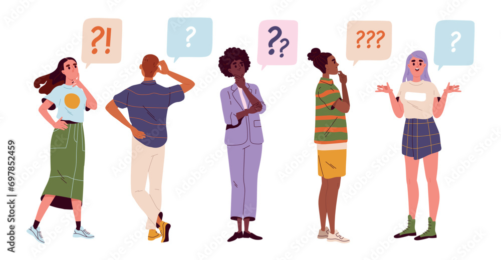 Set of thinking people. Men and women in thought or doubt, looking for solutions to problems, asking questions or making decisions. Cartoon flat vector collection isolated on white background - obrazy, fototapety, plakaty 