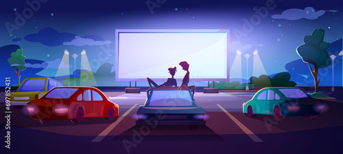 Outdoor cinema. People watching movie while sitting in car in open air movie theater. Night cityscape with automobiles in parking lot and glowing blank screen. Cartoon flat vector illustration