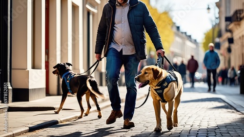 A guide dog on the street in the city leads a man