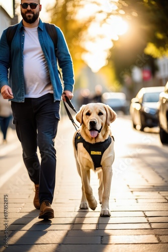 A guide dog on the street in the city leads a man