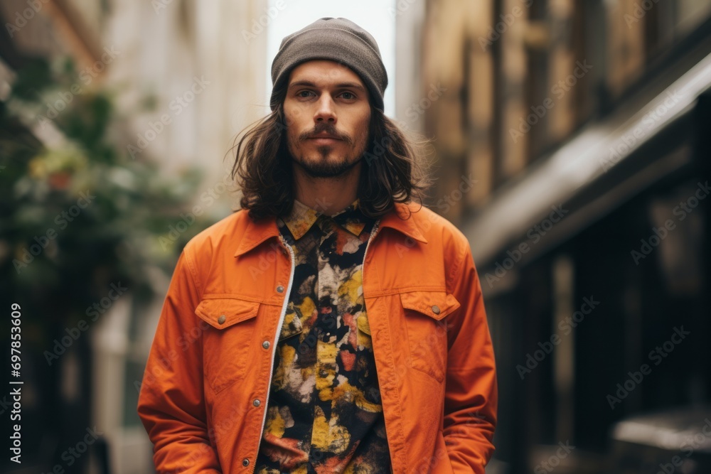 Young handsome man with long wavy hair in an orange jacket and a beret walking in the city