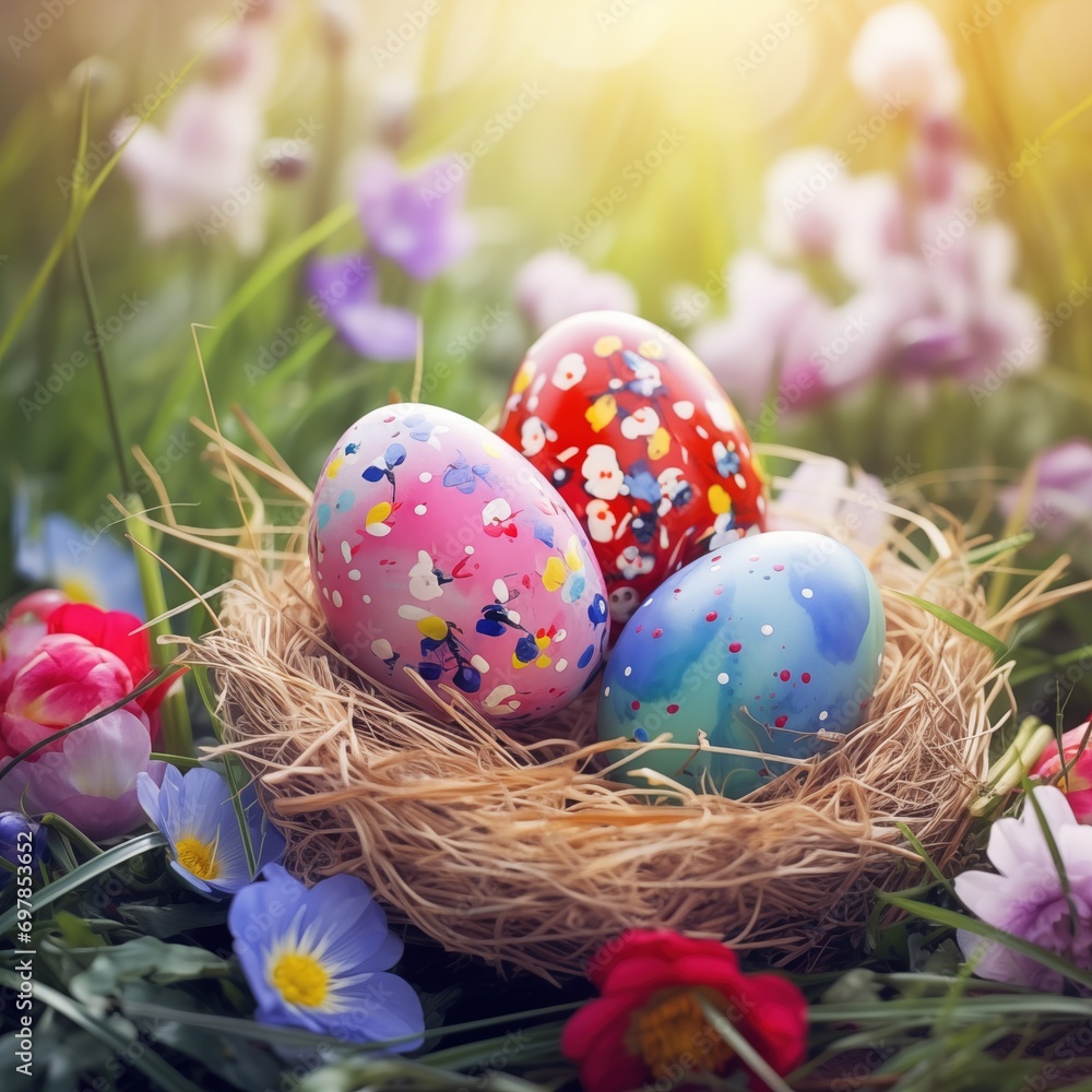 Nestled Spring Treasures: Colored Eggs in a Nest Amidst a Beautiful Meadow. Generative AI