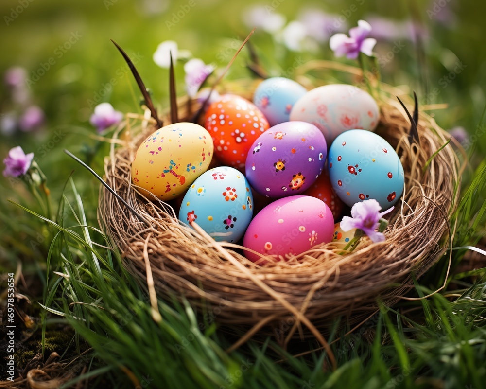 Meadow Egg Collection: Vibrant Easter Eggs Gathered in a Charming Nest. Generative AI Meadow Egg Collection: Vibrant Easter Eggs Gathered in a Charming Nest. Generative AI