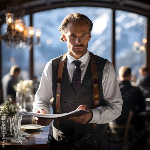 Retrato de mozo elegante y atractivo en un restaurant de lujo en la montaña en invierno. Generado con tecnología IA