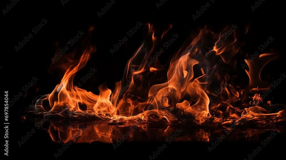 Fire flames on black background. For art work design, banner or backdrop. Flames against a black background. Fire concept. dangerous concept. Art concept. Wave concept. Flame concept. Background conce