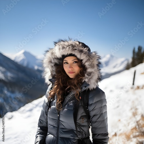 Retrato de hermosa mujer morena en nieve abrigada, en la montaña. Generado con tecnología IA