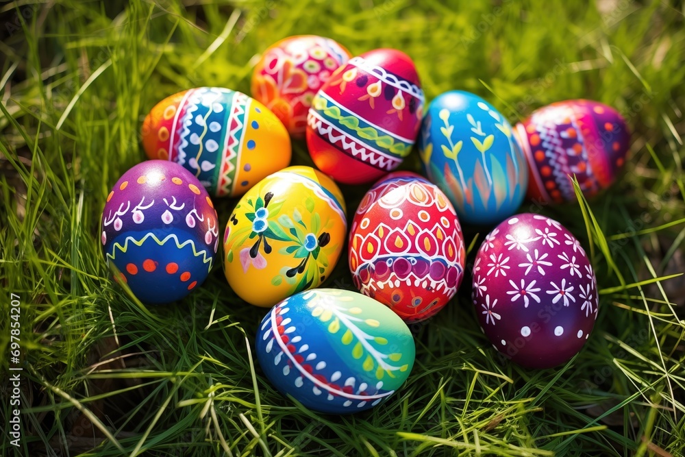 Meadow Marvel: Colorful Easter Eggs Bringing Radiance to a Spring Day. Generative AI Meadow Marvel: Colorful Easter Eggs Bringing Radiance to a Spring Day. Generative AI