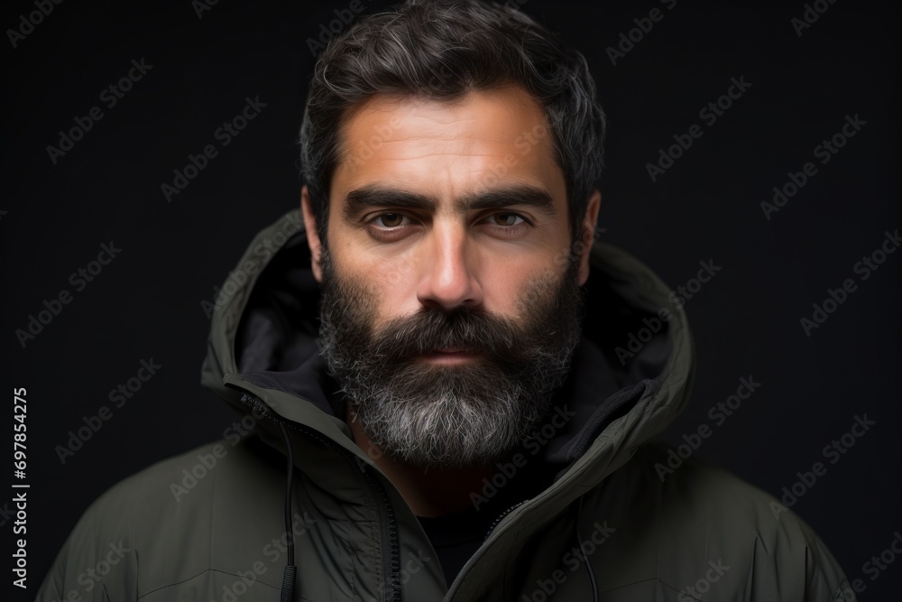 Portrait of a handsome bearded man in a jacket on a dark background