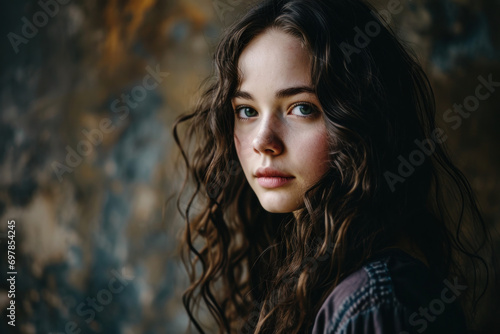 close up headshot of a beautiful young woman with nordic scandinavian clean natural beauty face brunette blue eyes with dark background in portra film magazine editorial look photo