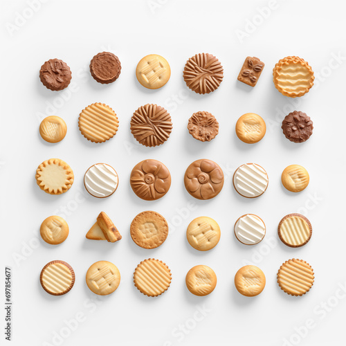 Biscoitos e bolachas diferentes espalhados e isolado no fundo branco photo
