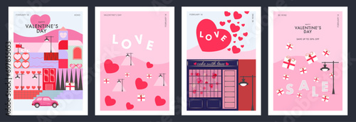 Happy Valentines Day banner or poster set. Trendy design with typography, city, lights, hearts and gifts. Valentine's day concept for greeting card, celebration, ads, branding, cover, label, sales.