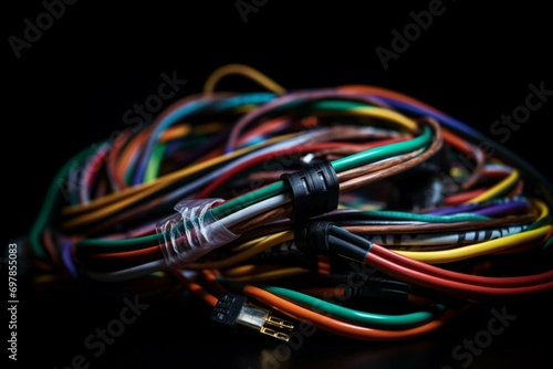 Entangled multicolored cables on black surface. Generative AI